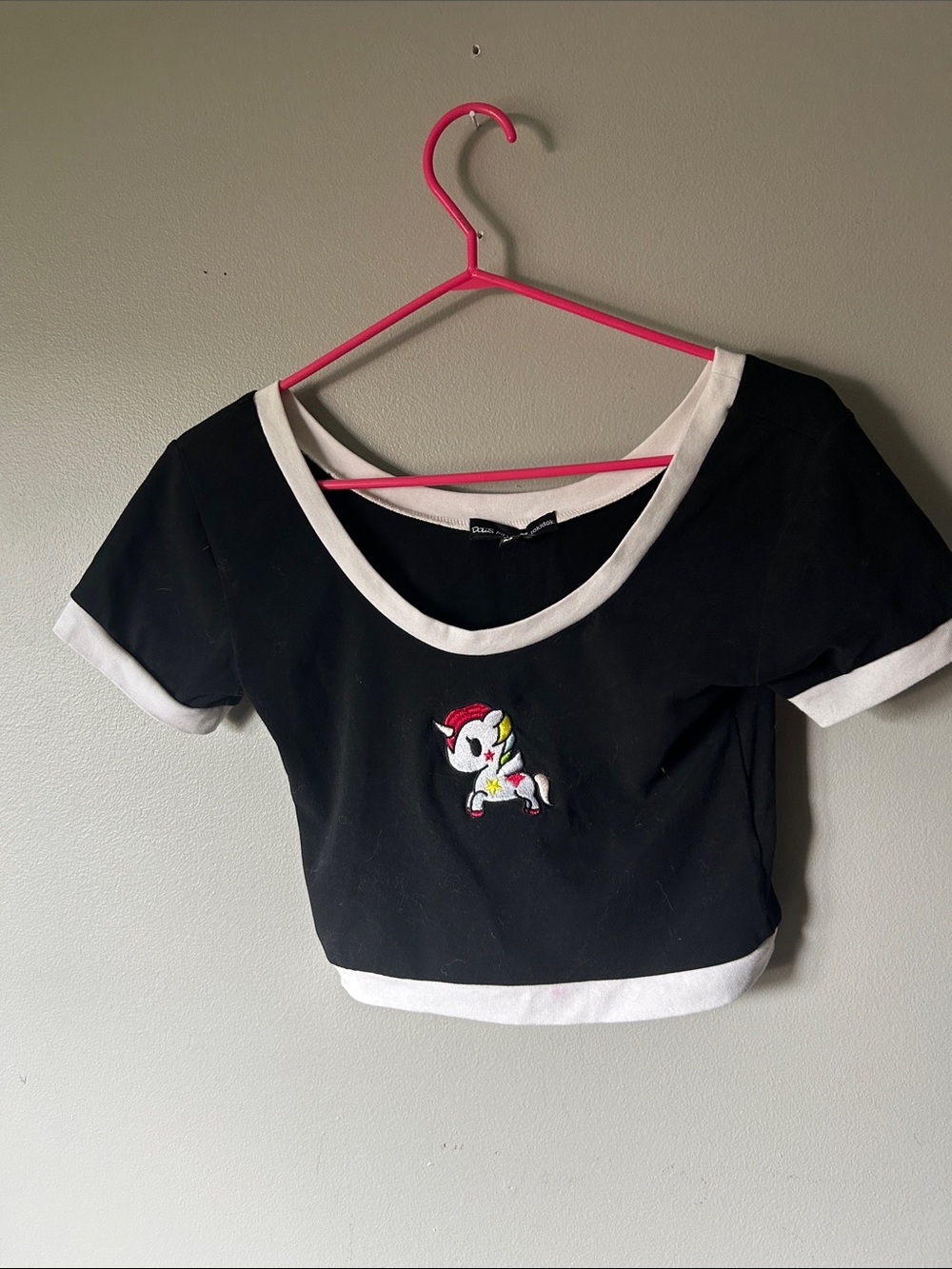 tokidoki Black Crop Top with White Trim and Unicorn Patch